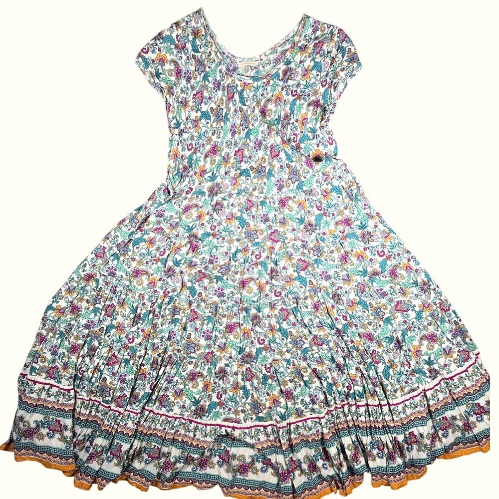 Soft Surroundings Womens 1X Paisley Floral Tiered Maxi Dress Boho Scoop Neck